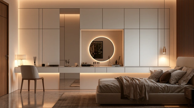Multifunctional white wardrobe with built-in vanity.
