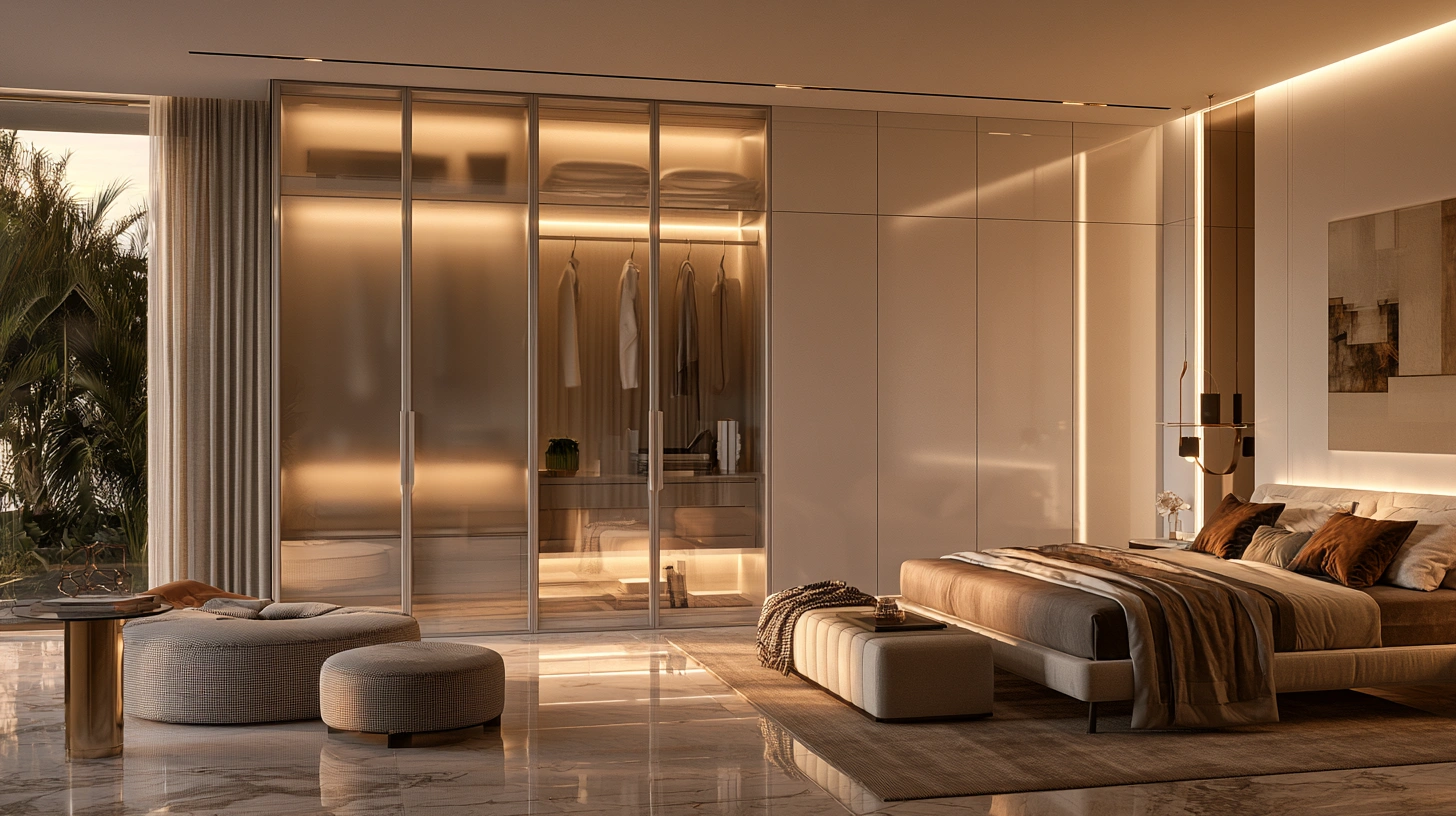 Modern white wardrobe featuring translucent glass doors.