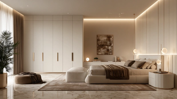 Compact white wardrobe integrated with study desk.