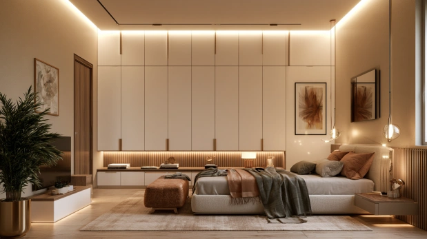 White wardrobe with built-in overhead loft cabinets.