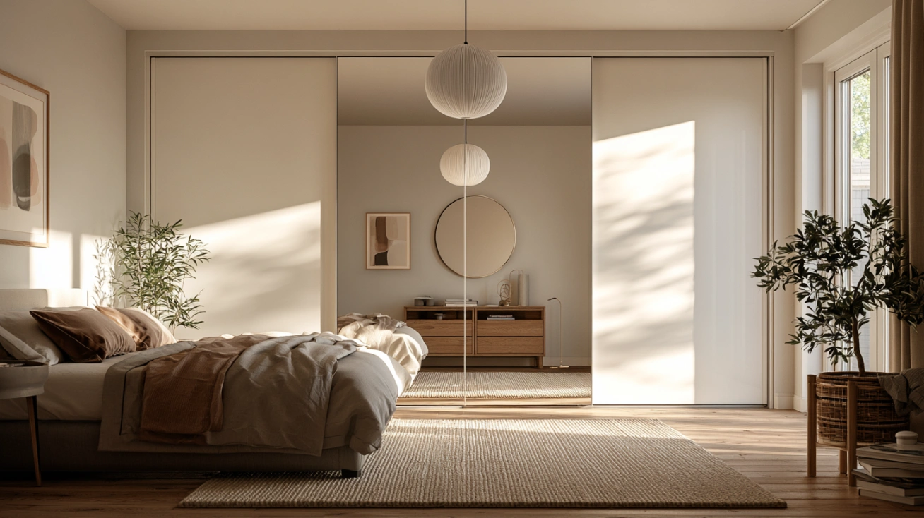White wardrobe with integrated full-length mirror.