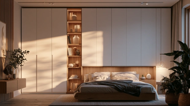 Practical white wardrobe with side display shelving.