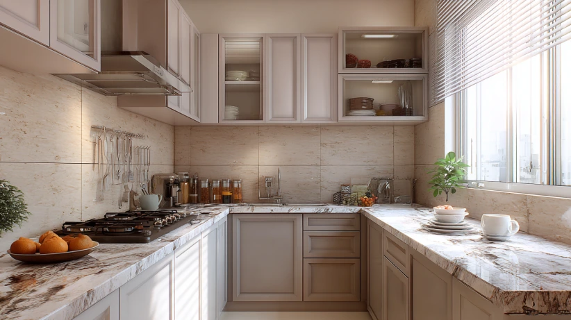 white and grey stone surface in a refined kitchen counter granite design