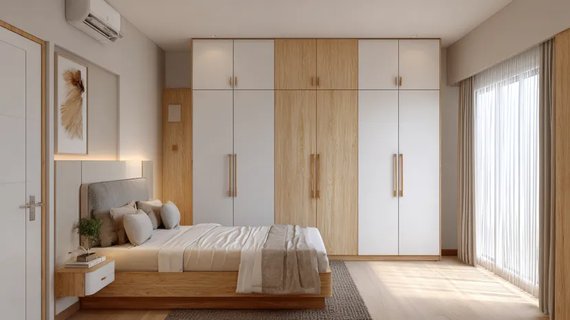 white and oak style in two colour combination of wardrobe design