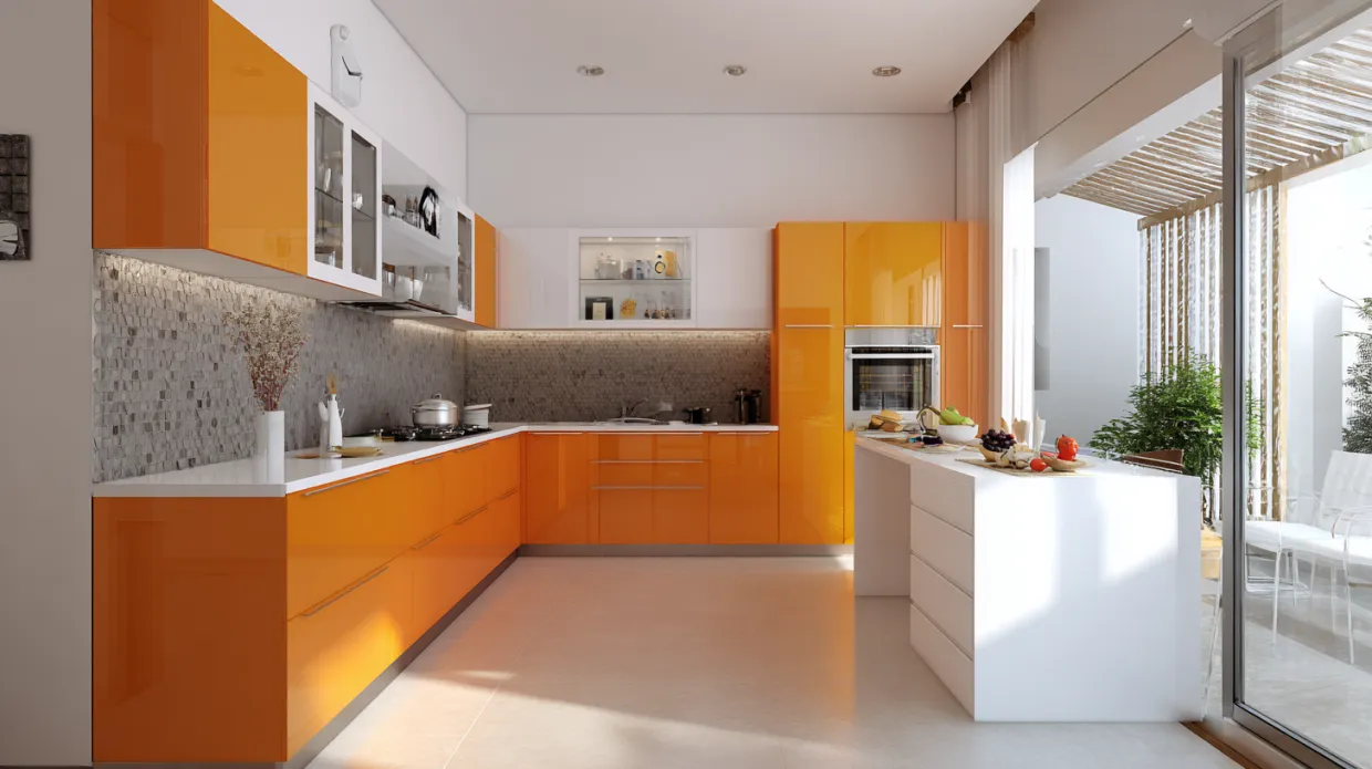 contemporary kitchen with white and orange cabinet colour combination and minimalist design