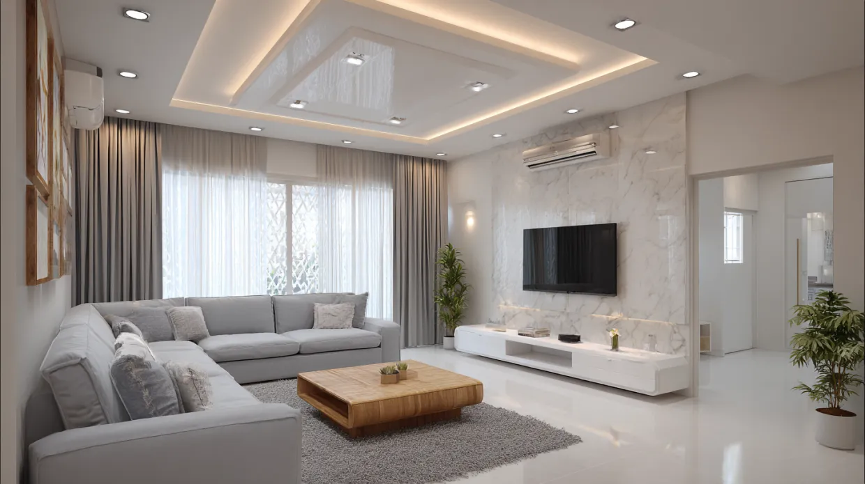 l-shaped false ceiling design hall with whitewashed serenity