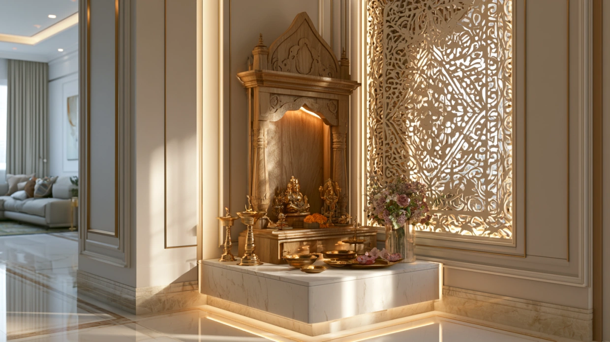 Maximize your floor plan with a sacred, space-saving corner pooja room.