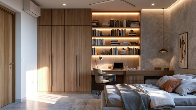 Modern wooden wardrobe with integrated study table in a bedroom.