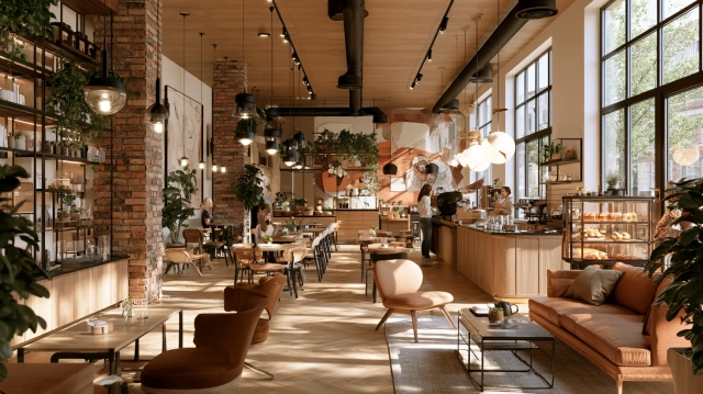 Warmly lit cafe interior featuring wooden furniture, ambient hanging pendant lights, and large glass windows.