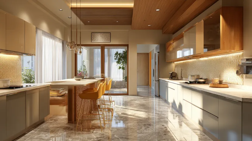 wide kitchen entrance design with open and airy layout