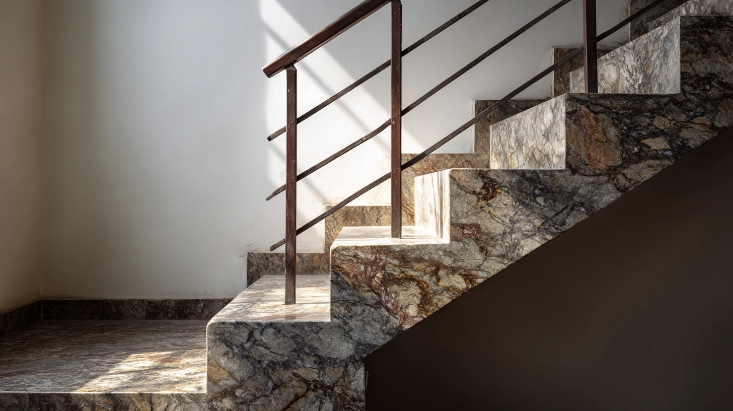 Brown marble-patterned granite winder stairs with metal railing