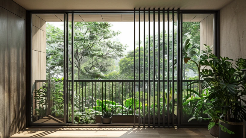 open-frame window grill design overlooking a green outdoor view