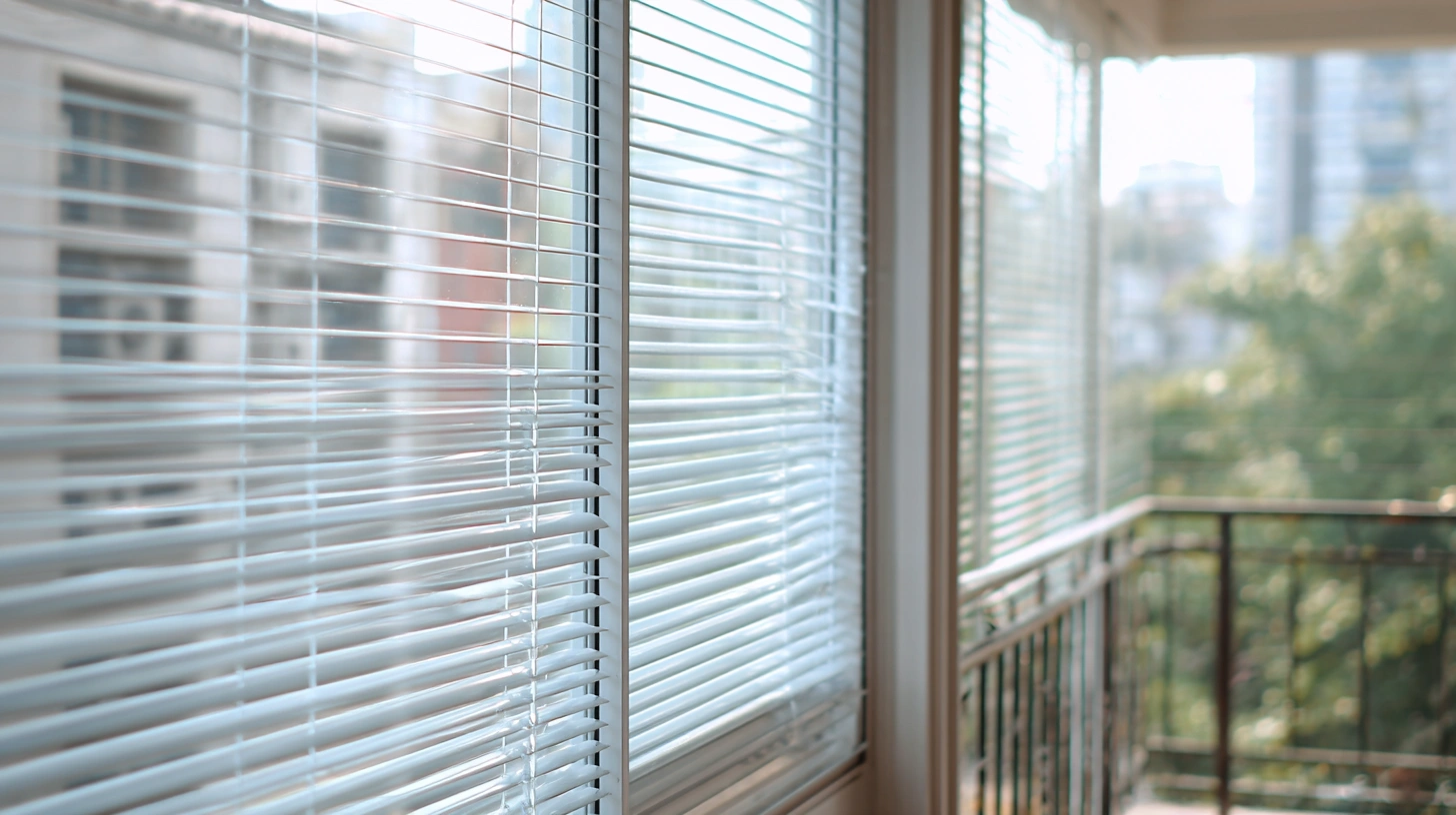 Modern balcony windows with integrated privacy blinds