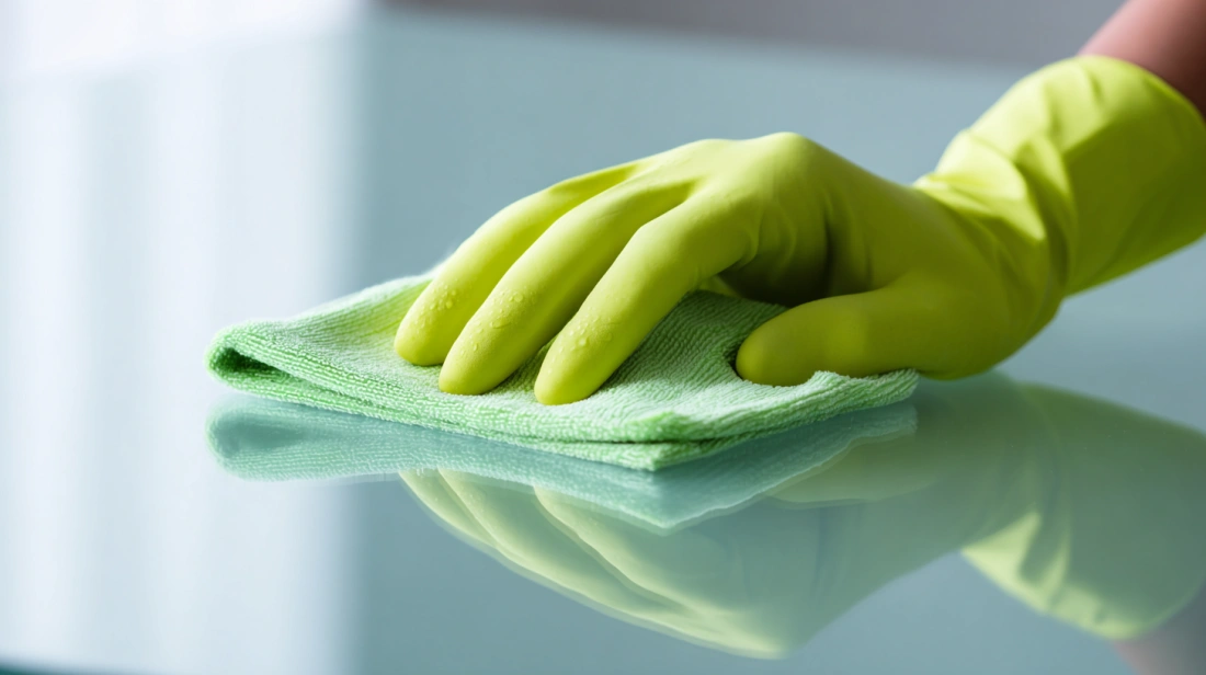 Hand using a microfiber cloth to wipe a table