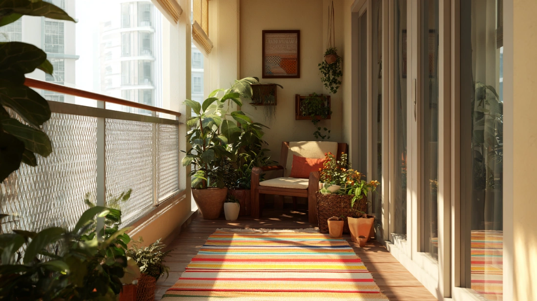 White wire mesh safety grill installed on a modern apartment balcony