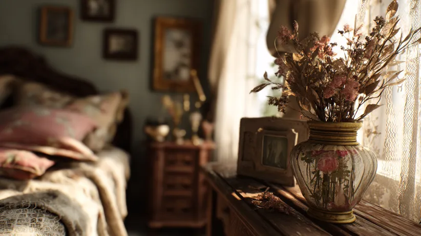 vintage bedroom ideas with withered flower vase décor