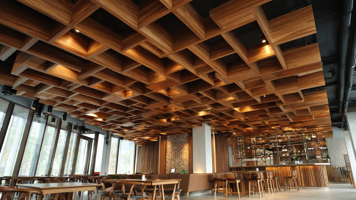 warm wooden ceiling design with natural grain and recessed lighting