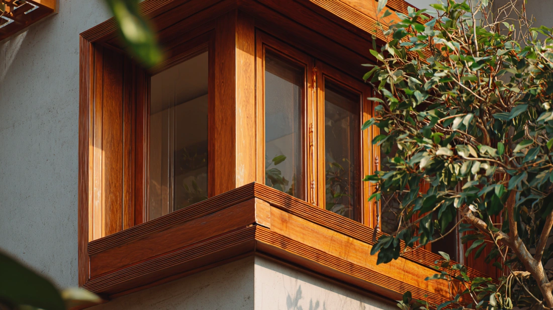 Modern wood-clad window frames for a warm balcony finish
