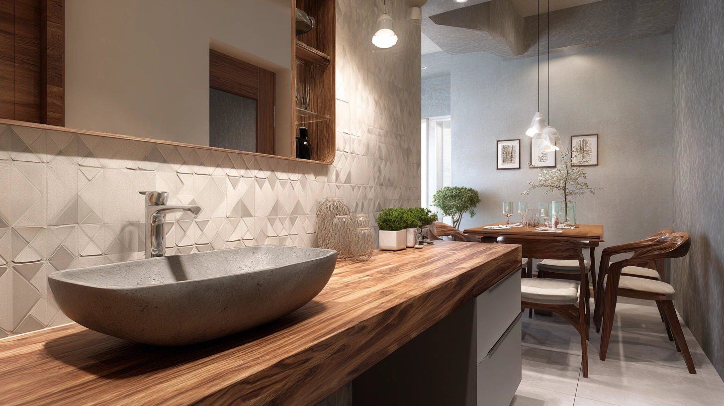 Wood tone ceramic basin with wall tap near dining