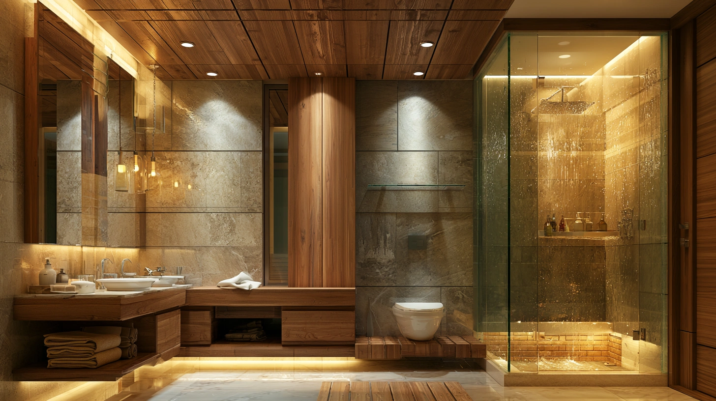 Wood-finish PVC ceiling in luxury bathroom