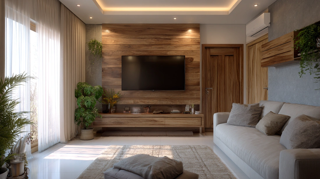 Cozy living room matching natural wood textured panels