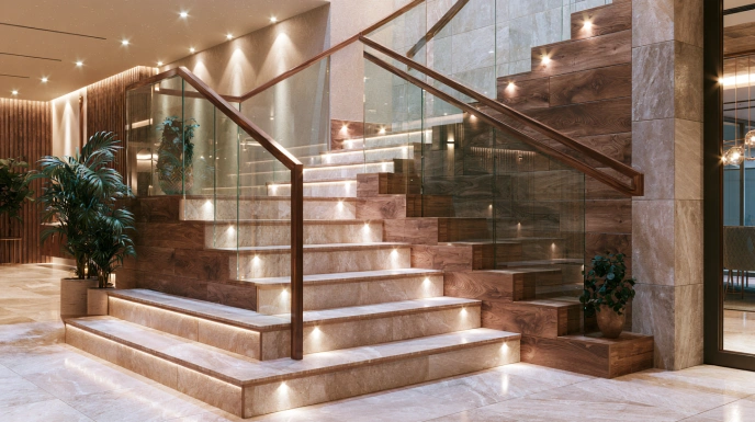 Wood finish step riser tiles