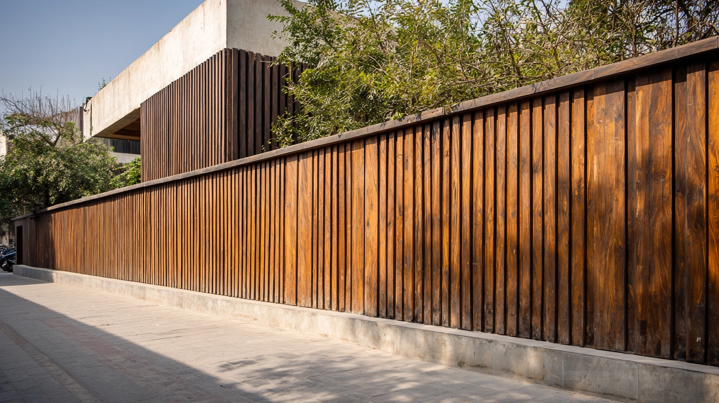 Horizontal wood-finish planks on a contemporary compound wall