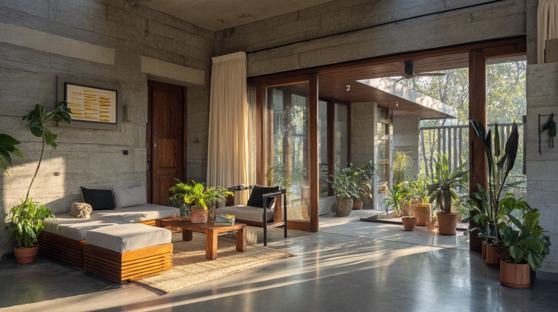 Concrete farmhouse walls with wooden cladding and plants