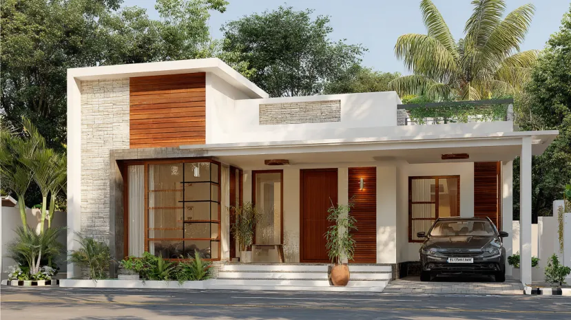 Wood and glass low-cost normal house front elevation design