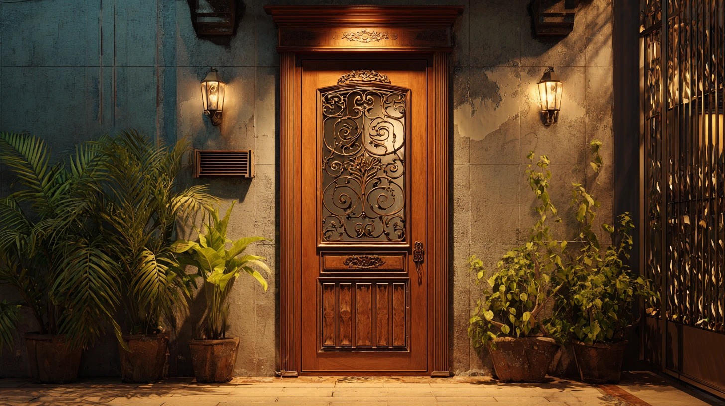 Luxury arched entrance door combining rich wood, decorative iron scrolls, and glass