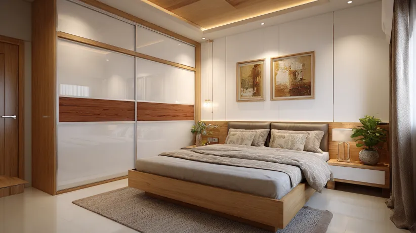 Sliding wardrobe with wood and white combo design