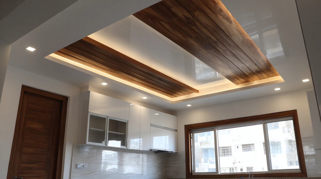 Modern kitchen with combined wood and white plaster ceiling