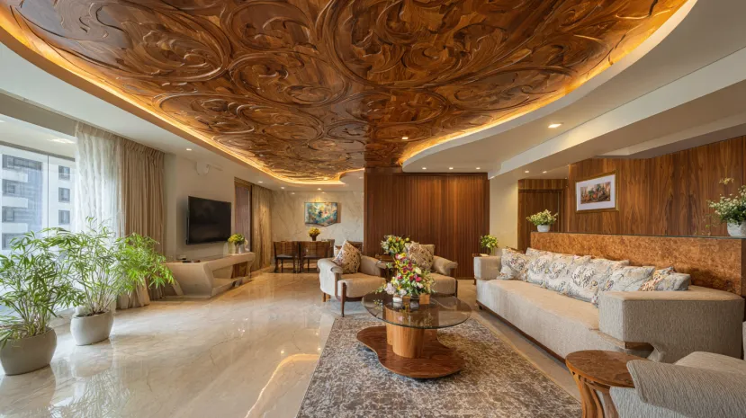 Intricate carved wooden ceiling with floral patterns and LEDs