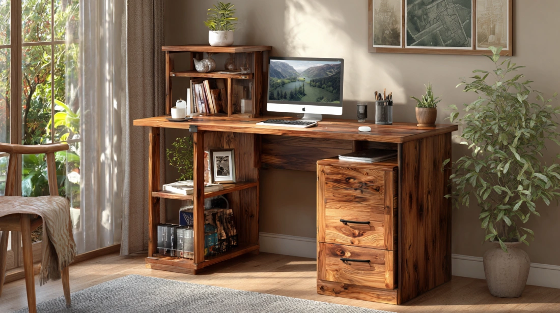 Solid wood computer table with drawers and shelves