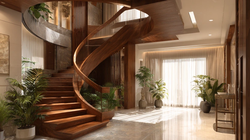 wooden layout featured in elegant curved staircase design