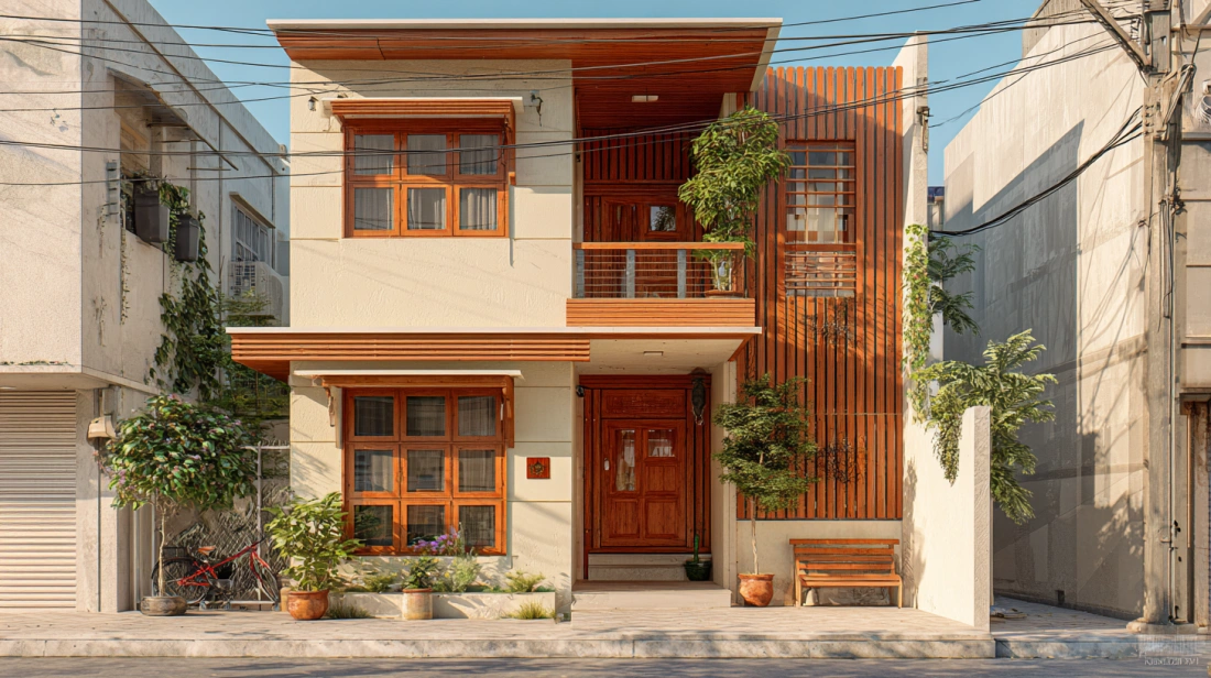 Indian house with vertical wood cladding and balcony
