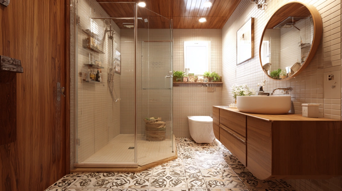 Luxurious bathroom with a dark wood plank ceiling