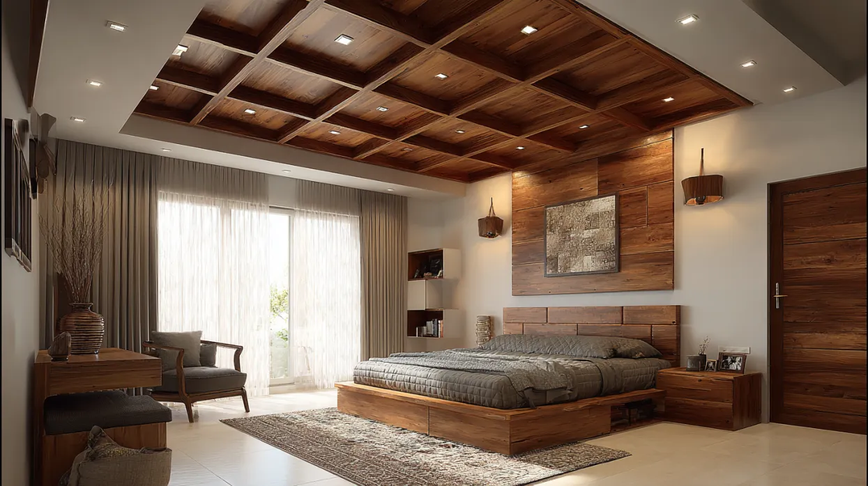 wooden false ceiling design for bedroom with beams in grid pattern