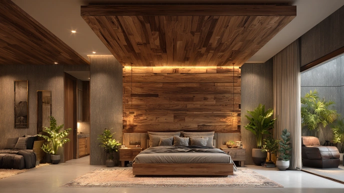 Wooden false ceiling with cove lighting