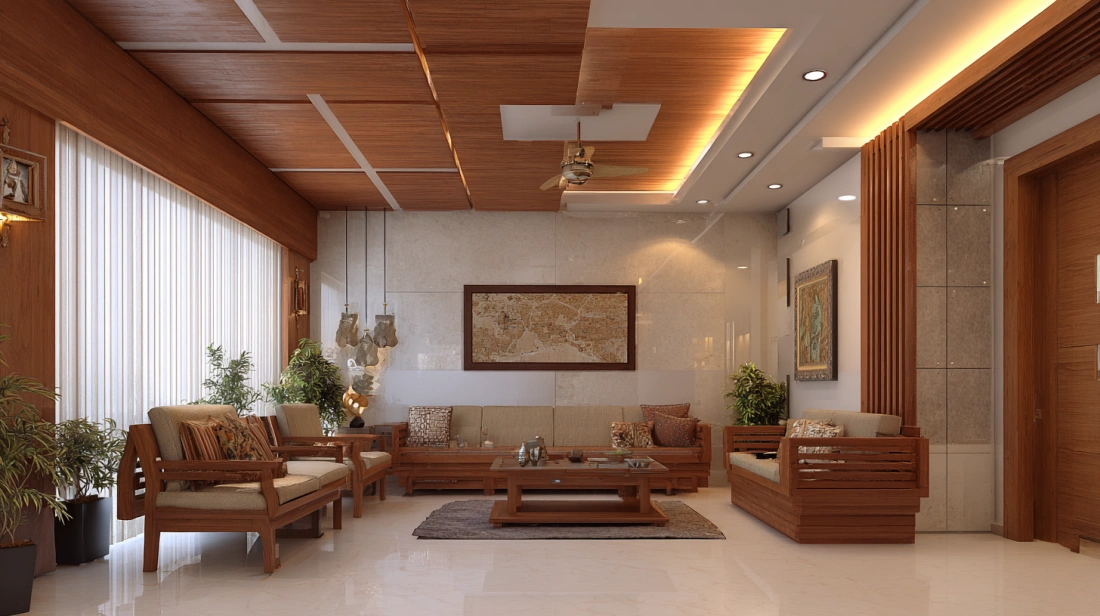 High-gloss wood-grain PVC ceiling with golden decorative borders