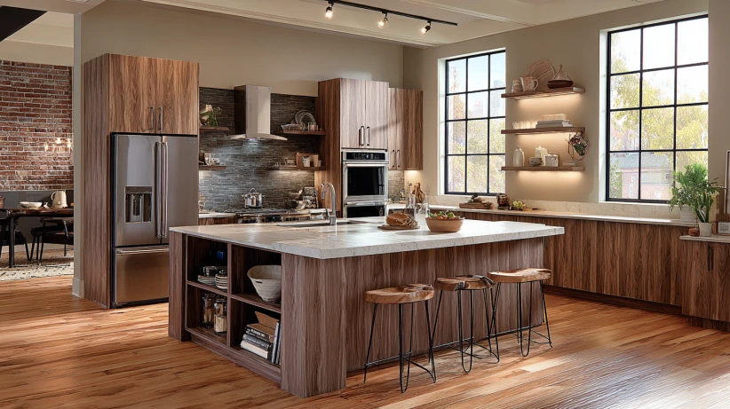 warm wooden finish featured in a modern island kitchen design