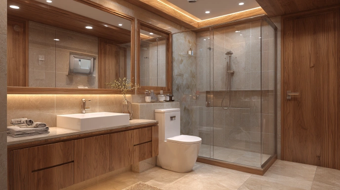 Bathroom ceiling with wooden POP finish