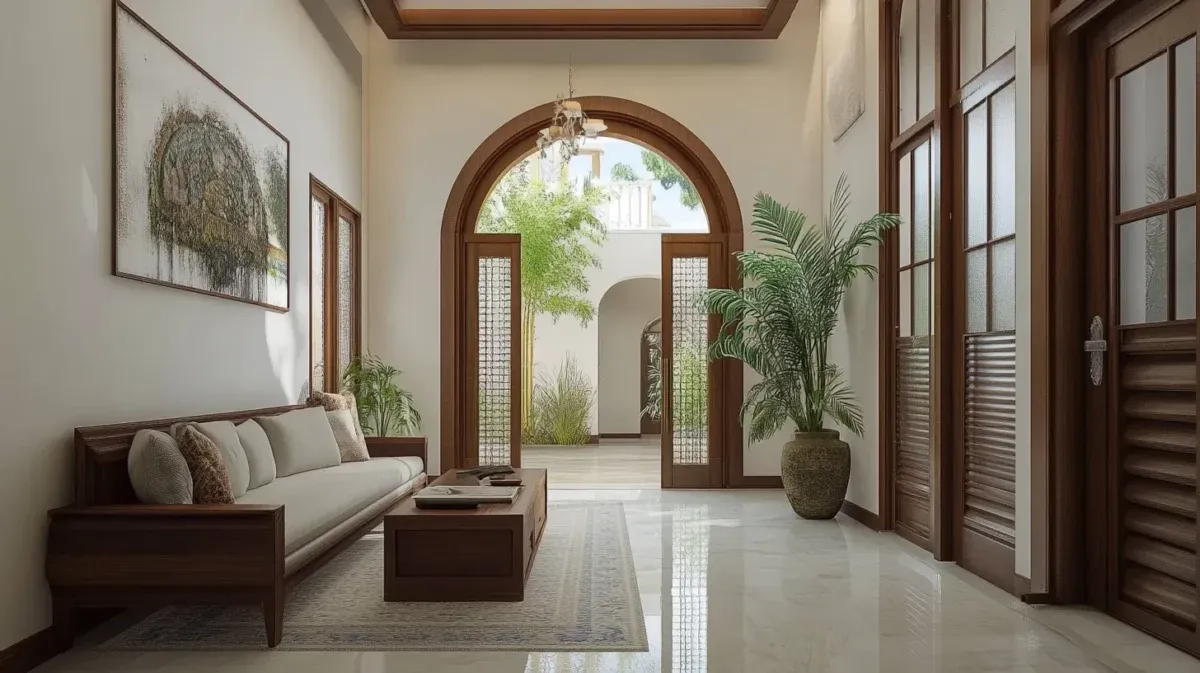 Wooden frame archway in a bright modern living room