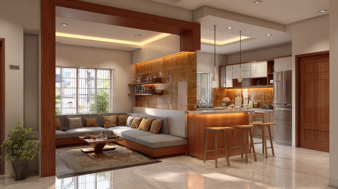 Wide wooden kitchen archway with integrated warm LED lighting