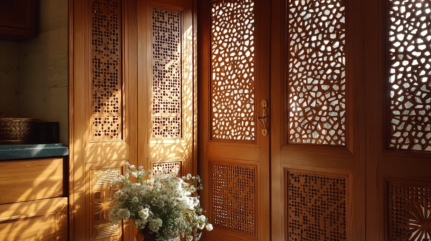 Intricate wooden lattice Jali door for a traditional kitchen