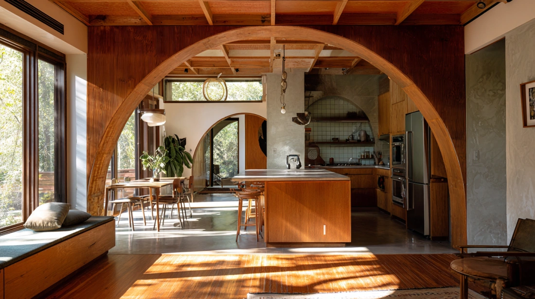Large, curved wooden beam structures form interior arches