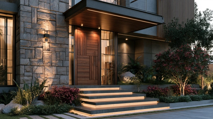 Wooden Main Door Design with Stone Cladding