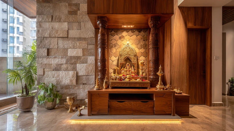 wooden mandir with stone cladding backdrop in pooja mandir designs for home
