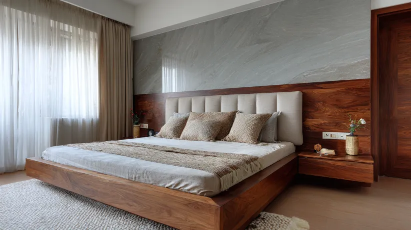 Modern wooden panel bed back with cream upholstered headboard