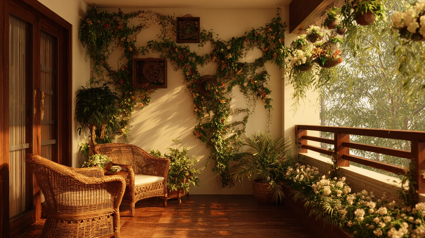 Classic wooden horizontal balcony railing overlooking a lush garden